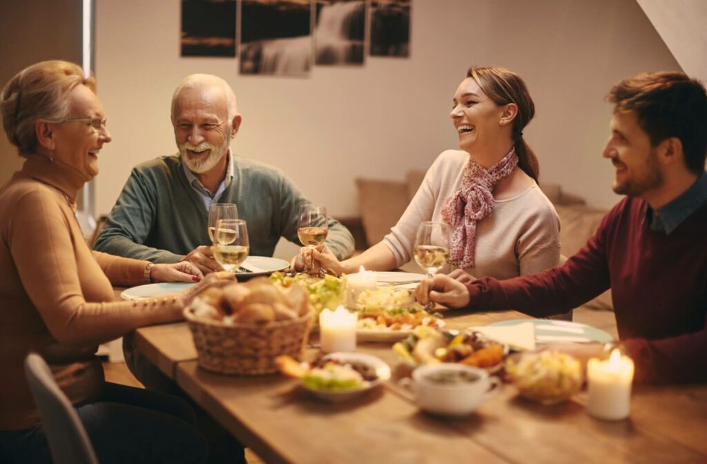 A family enjoys dinner together.