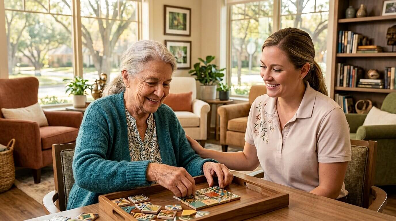 caregiver helping a senior with a puzzle in memory care
