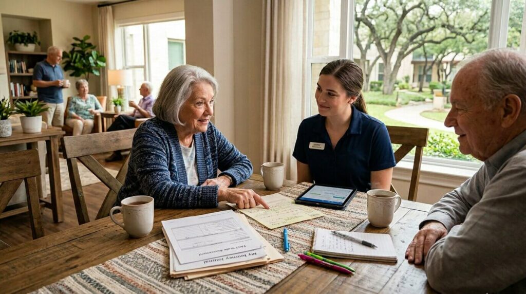 caregiver helping a senior with FAST Scale for Dementia care plan in memory care