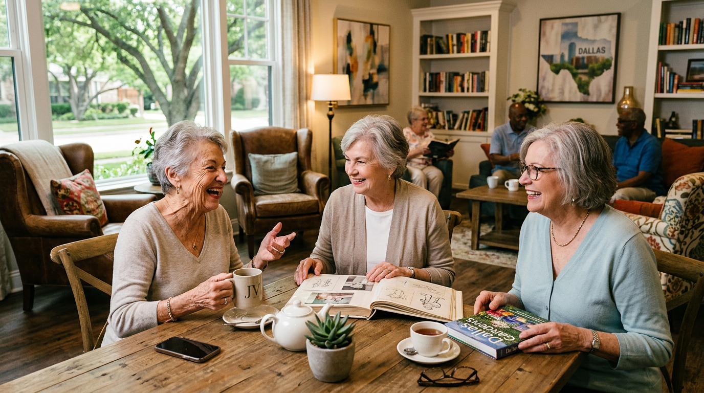 A group of senior residents sit at a table, chatting with books and coffee in an assisted living community.