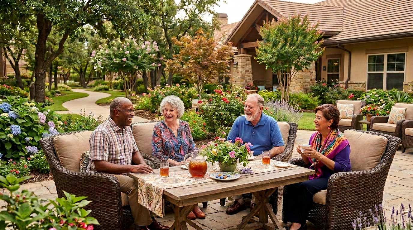 A group of older adults spend time outdoors in an assisted living community.