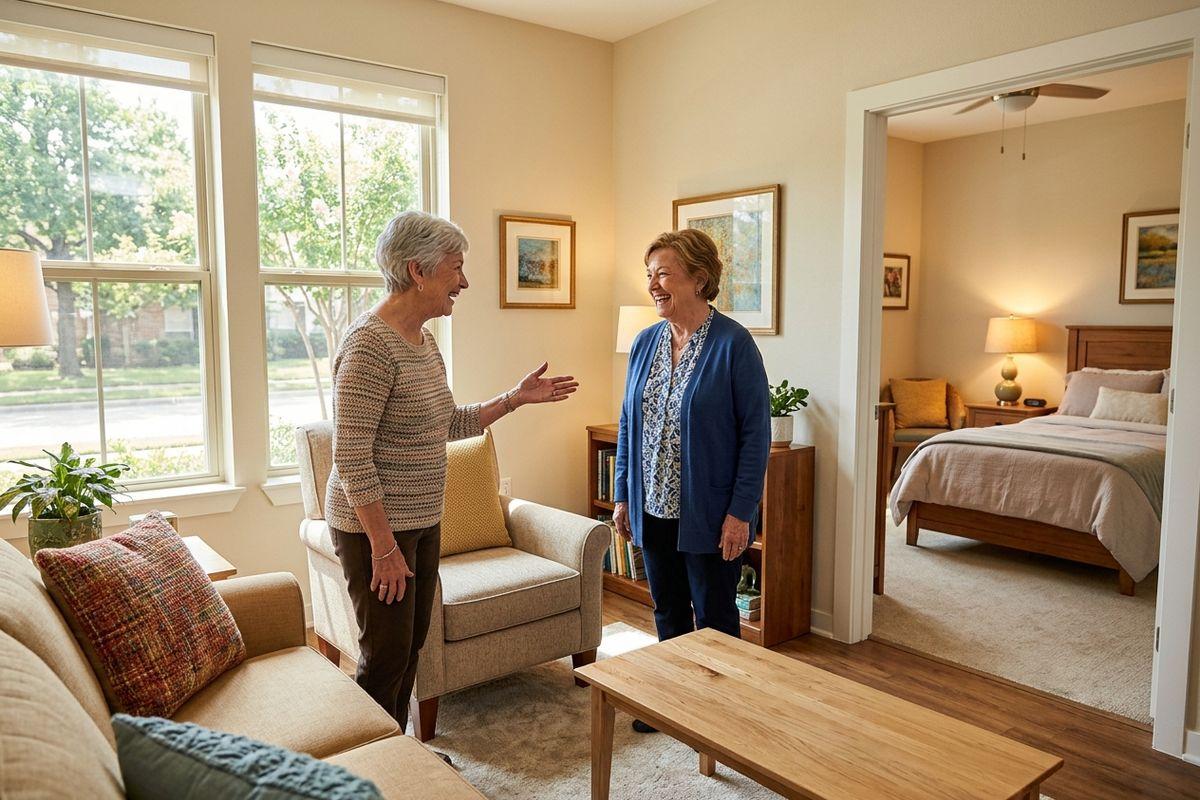 A manager and a senior, talking while touring a senior living community.