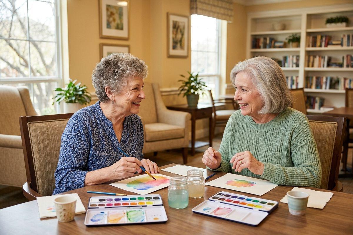 Two older adults sit together at a table, facing eachother and paint in a senior living community.