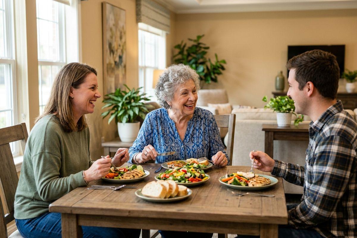 A senior bonding with their family, all seated at a dinner table eating food and smiling happily together. 