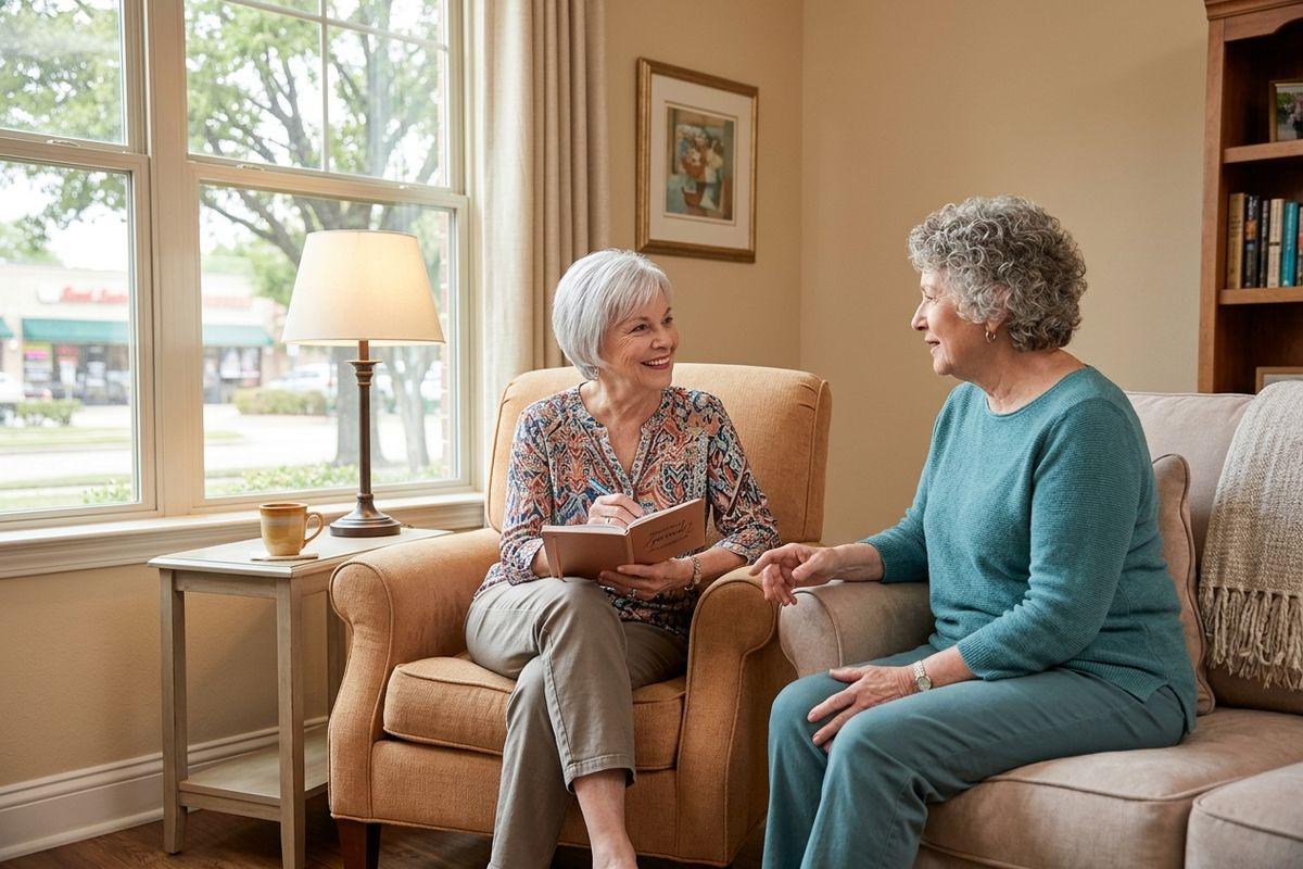 Two older adults conversing happily within a senior living community.