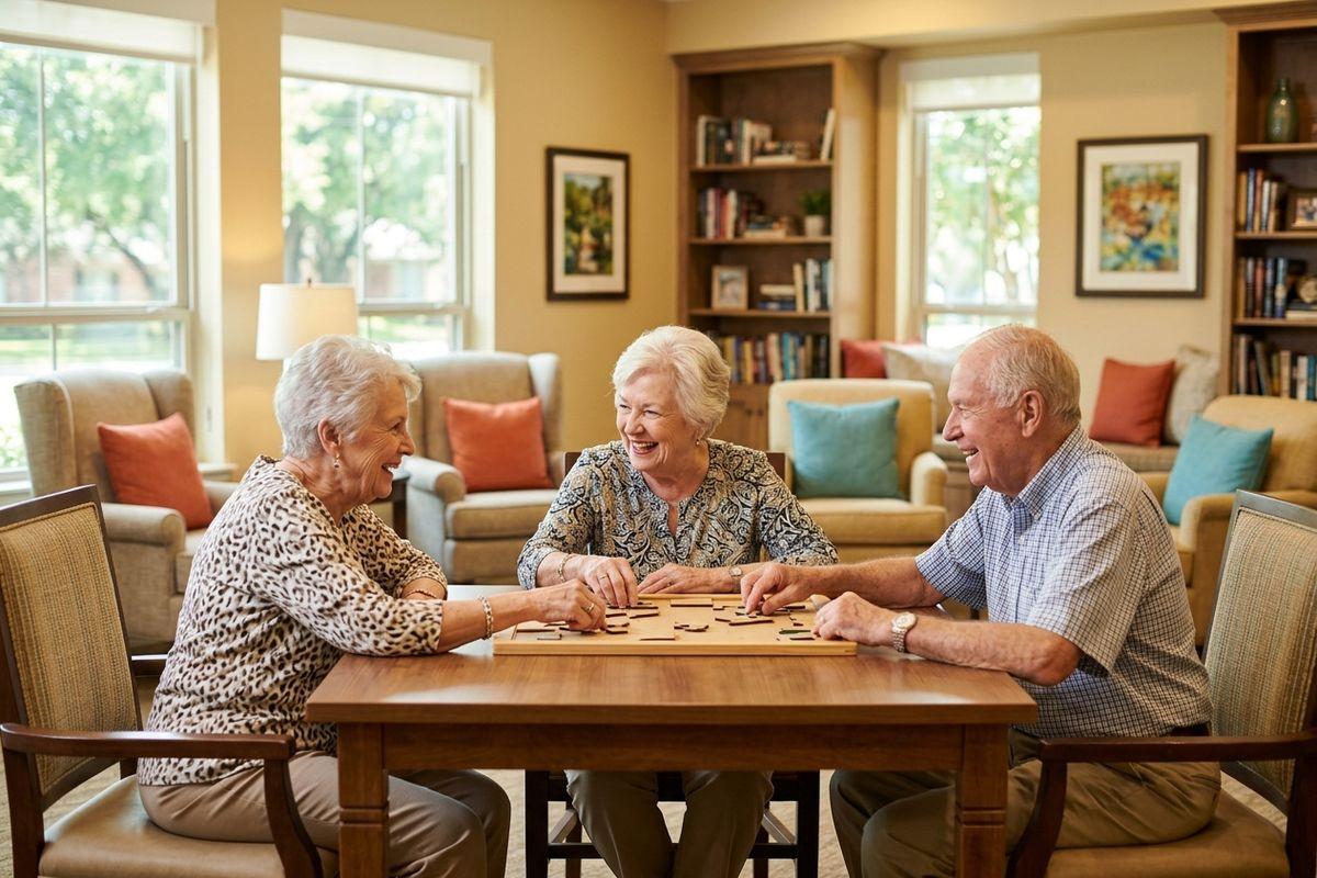 3 seniors gathered around a table playing a game together happily.