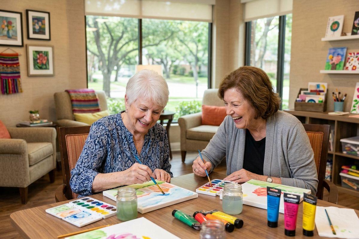 An older adult and a senior sitting together painting. 