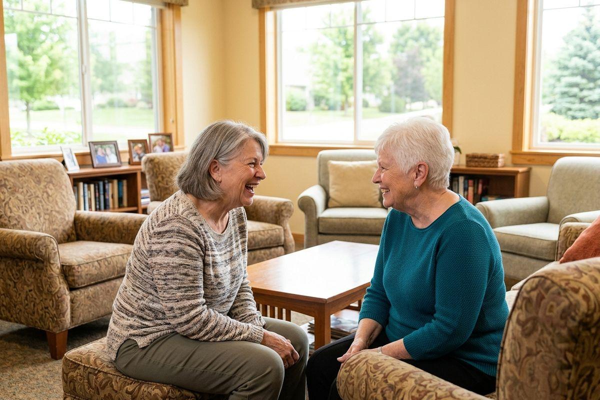 A pair of older adults shares a laugh as they sit in a bright, cozy common area in an assisted living community.
