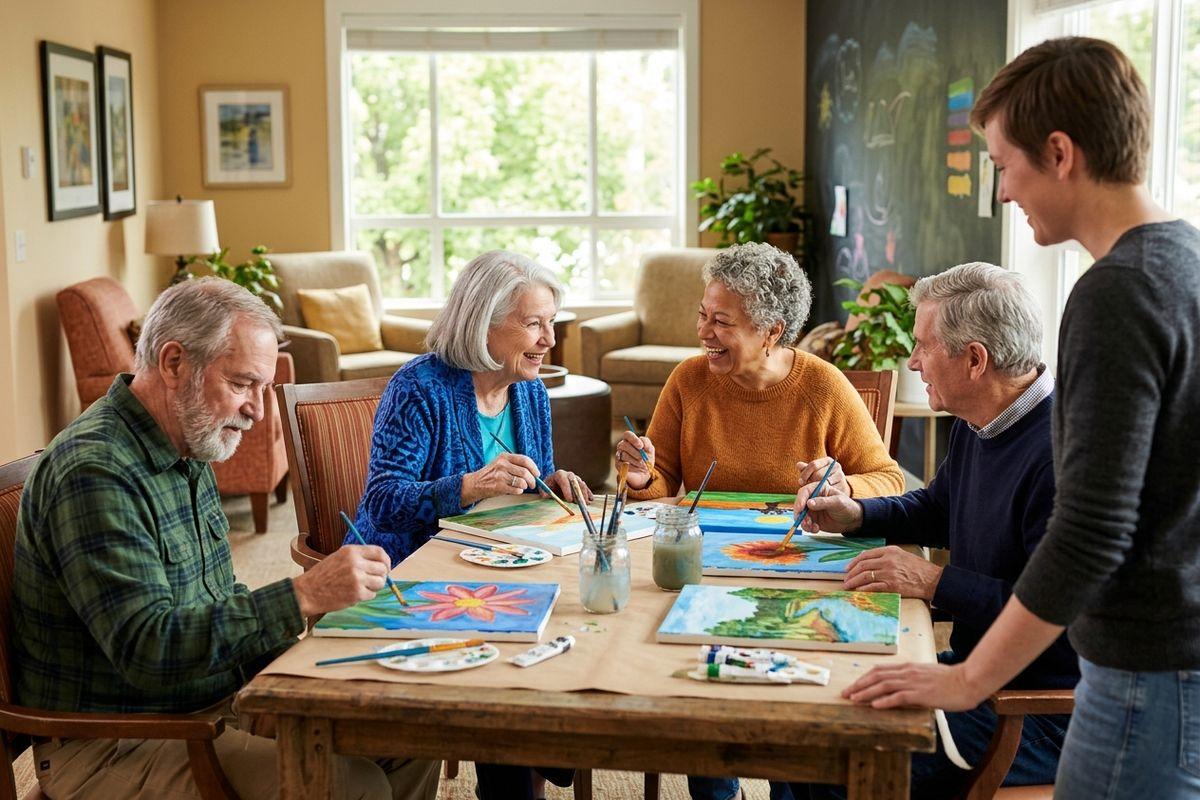 A group of seniors participates in a painting class in their assisted living community.
